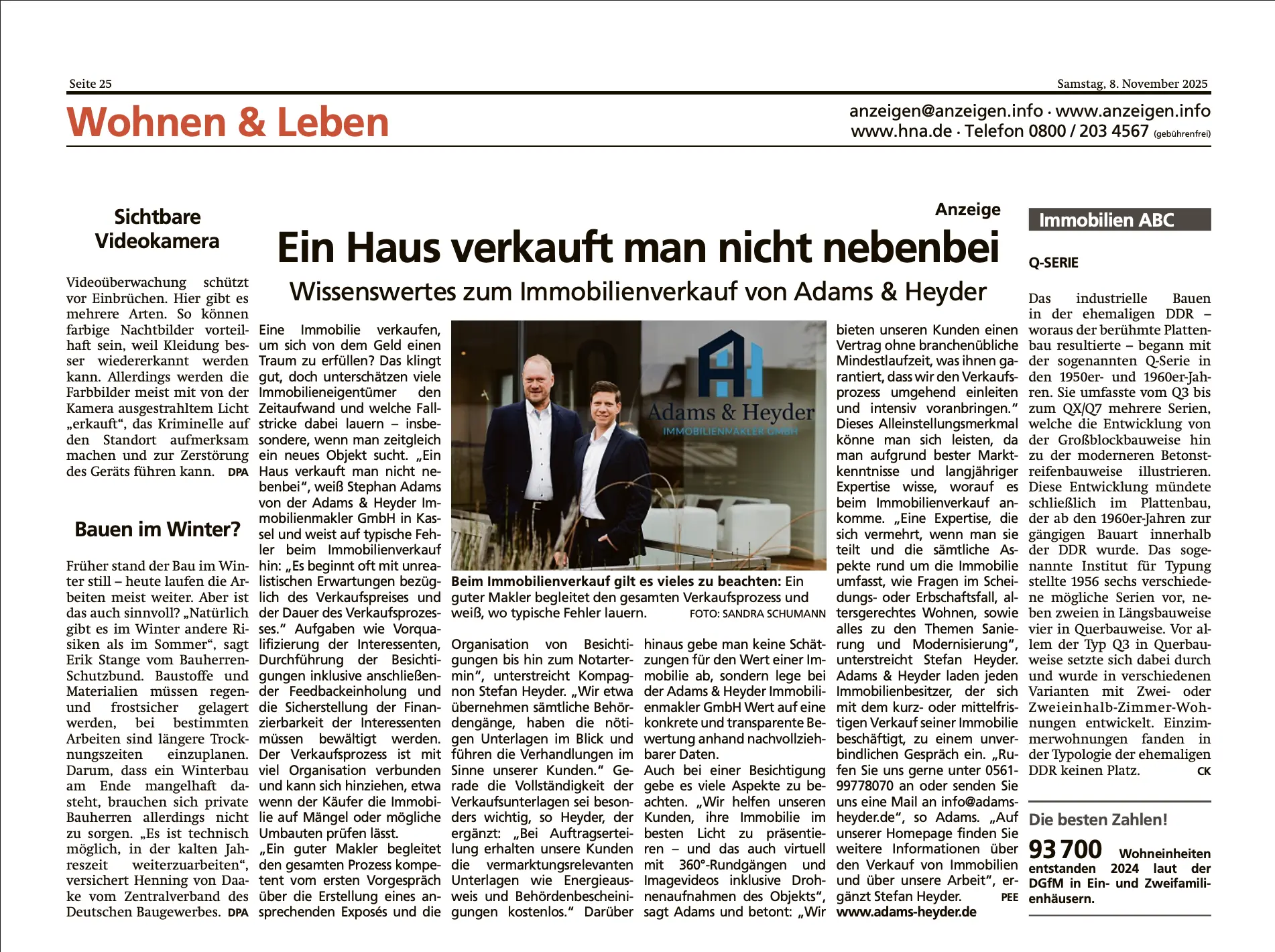 Zeitungsartikel "Ein Haus verkauft man nicht nebenbei", HNA, Wohnen & Leben vom 8. November 2025