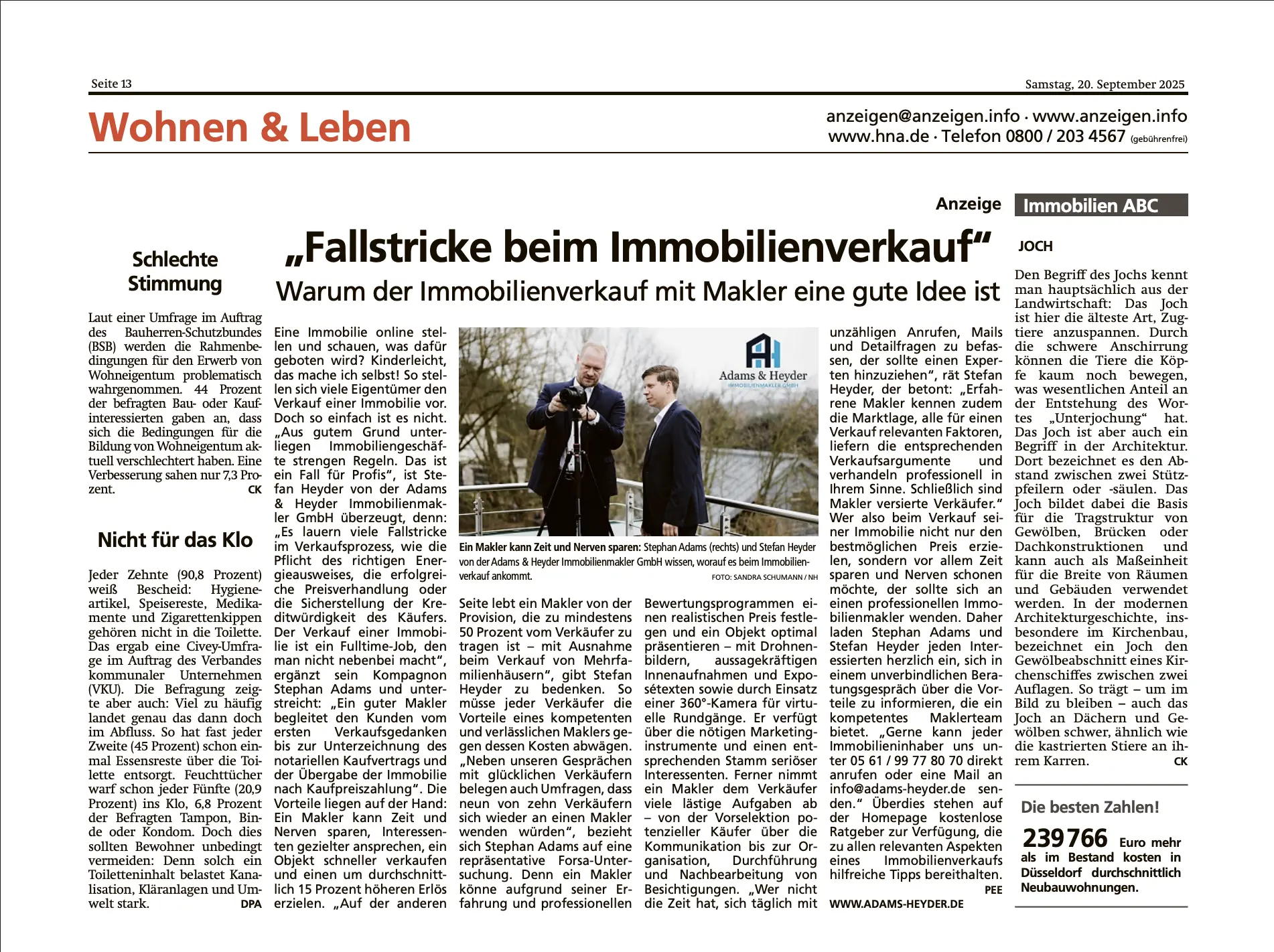 Zeitungsartikel "Fallstricke beim Immobilienverkauf", HNA, Wohnen & Leben vom 20. September 2025