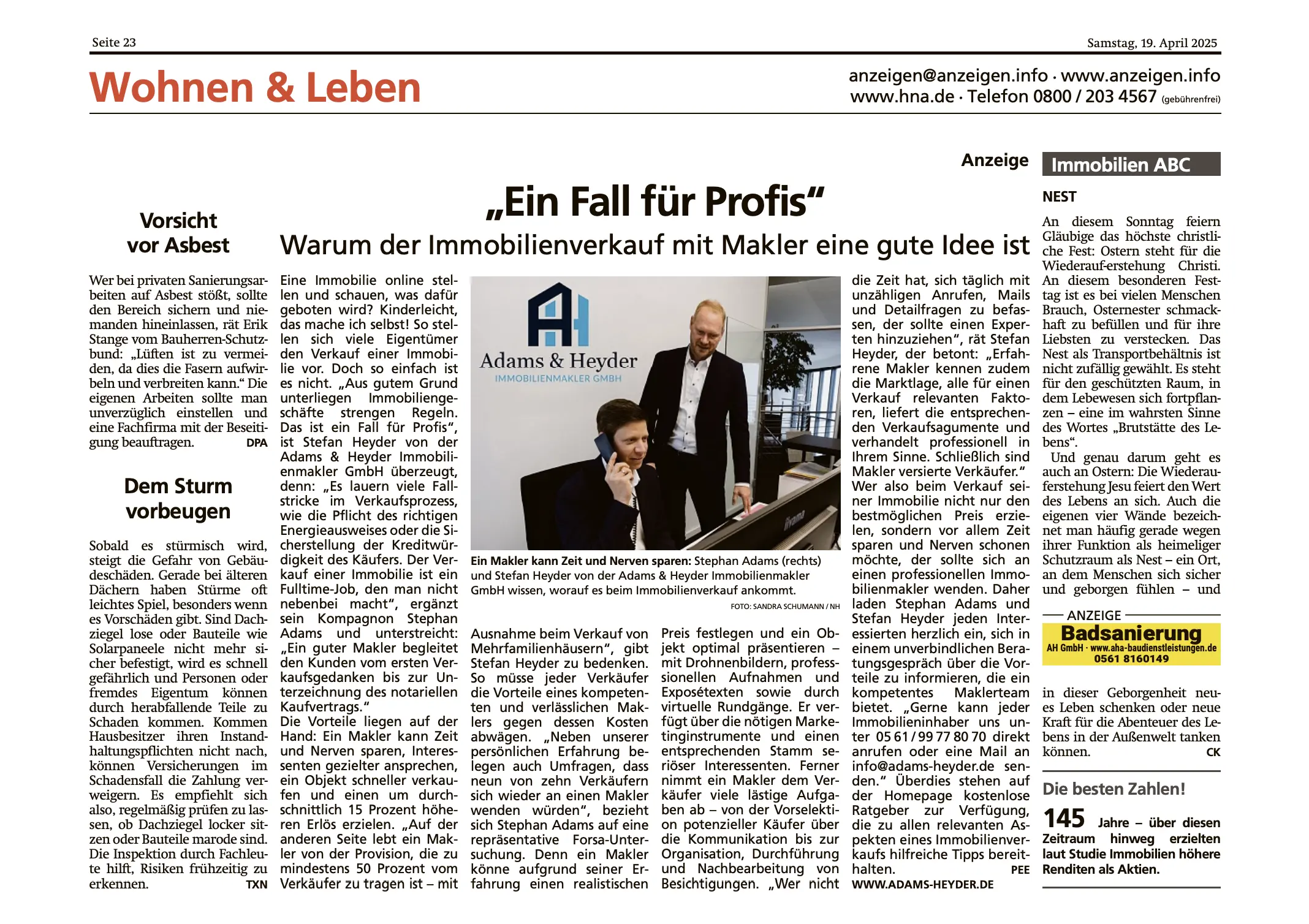 Zeitungsartikel "Ein Fall für Profis", HNA, Wohnen & Leben vom 19. April 2025