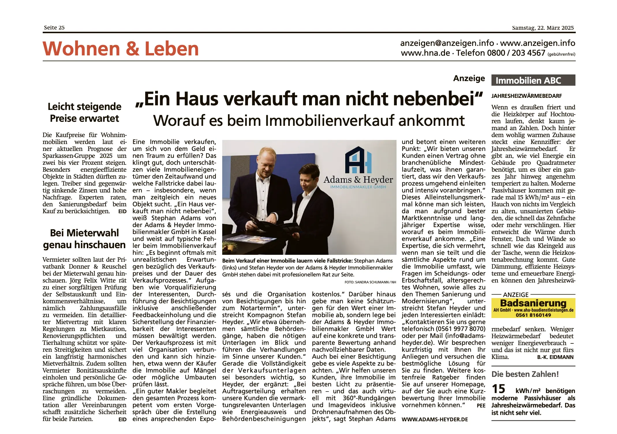 Zeitungsartikel "Ein Haus verkauft man nicht nebenbei", HNA, Wohnen & Leben vom 22. März 2025