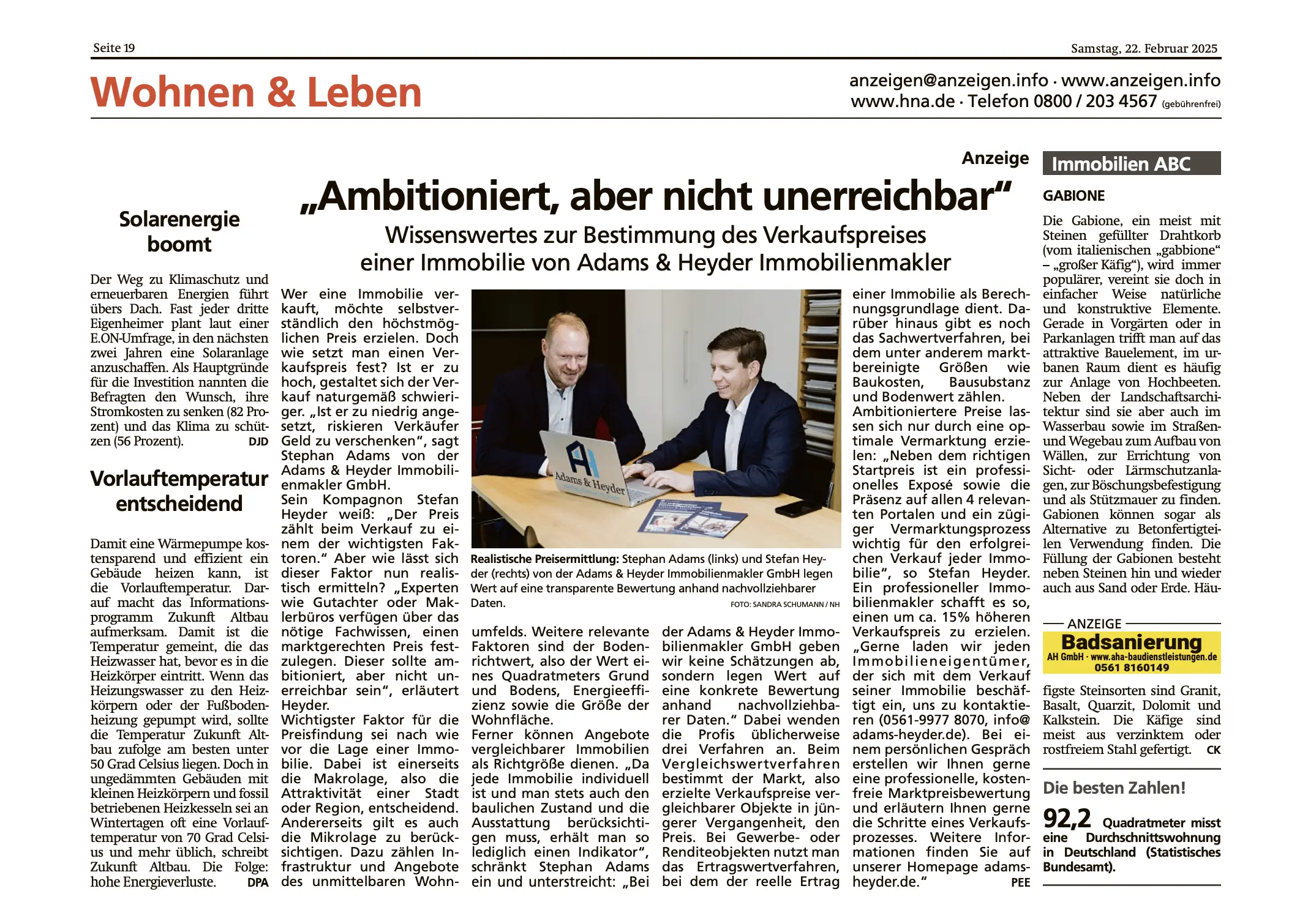 Zeitungsartikel "Ambitioniert, aber nicht unerreichbar", HNA, Wohnen & Leben vom 22. Februar 2025